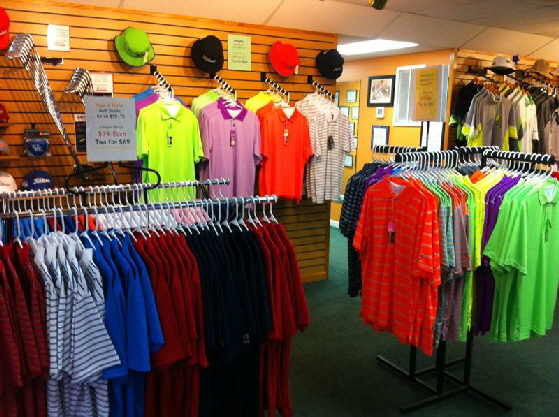 shot of golf pro shop including shirts and purchasable product